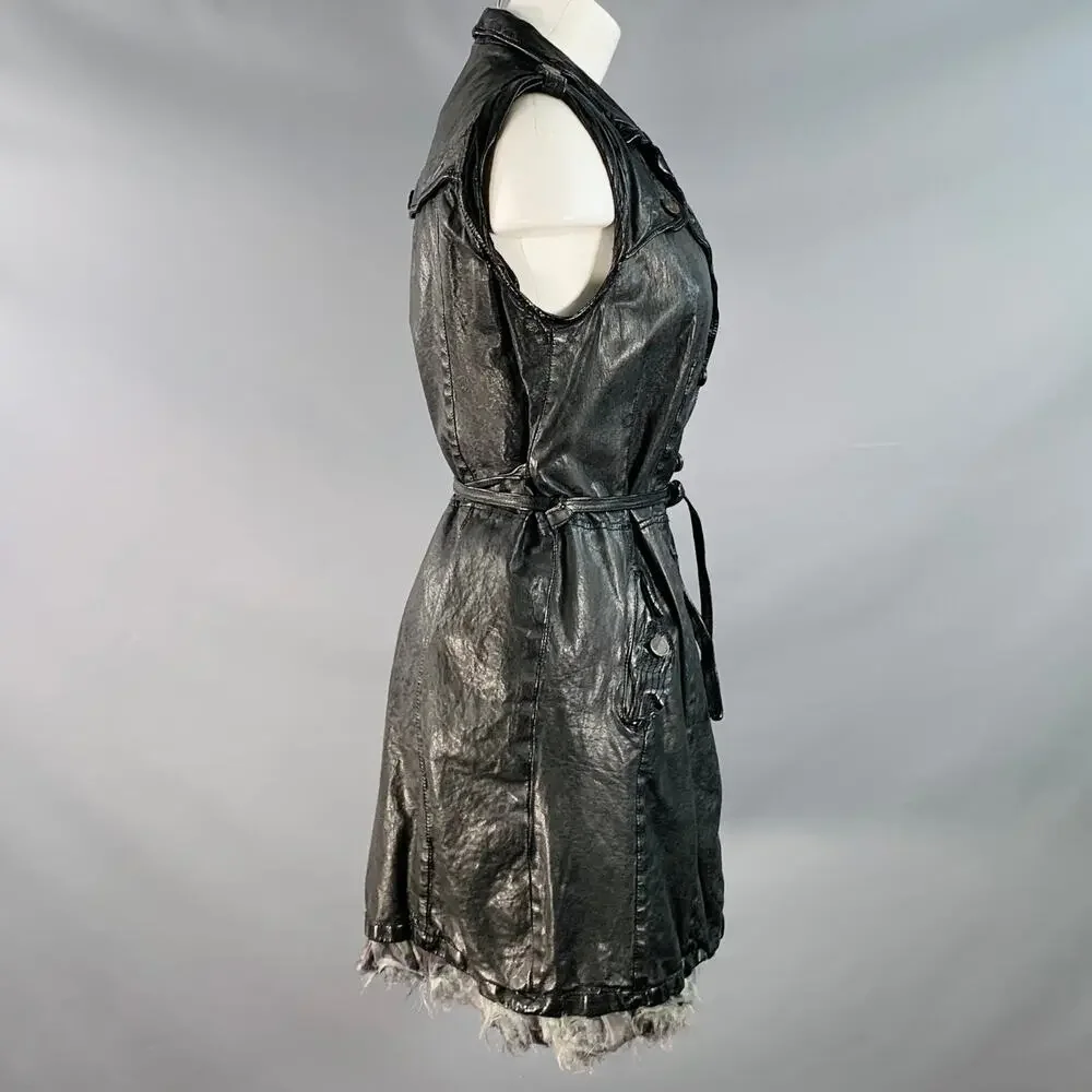 GIORGIO BRATO Size 6 Black Leather Double Breasted Belted Longline Vest - Picture 3 of 9